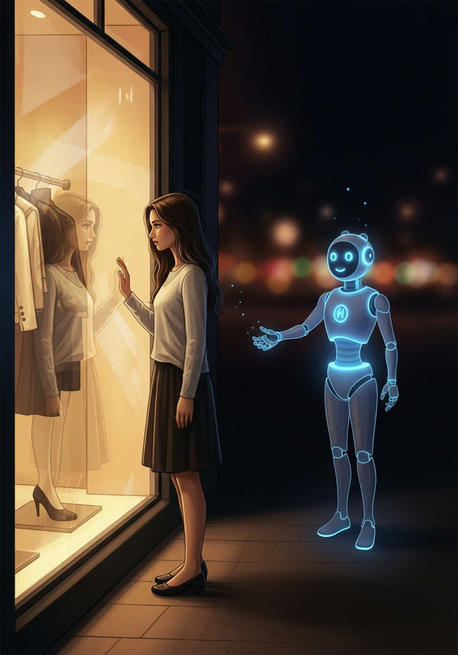 Closet AI Smart Wishlist - AI hologram assistant helping a user shop for items available on Amazon