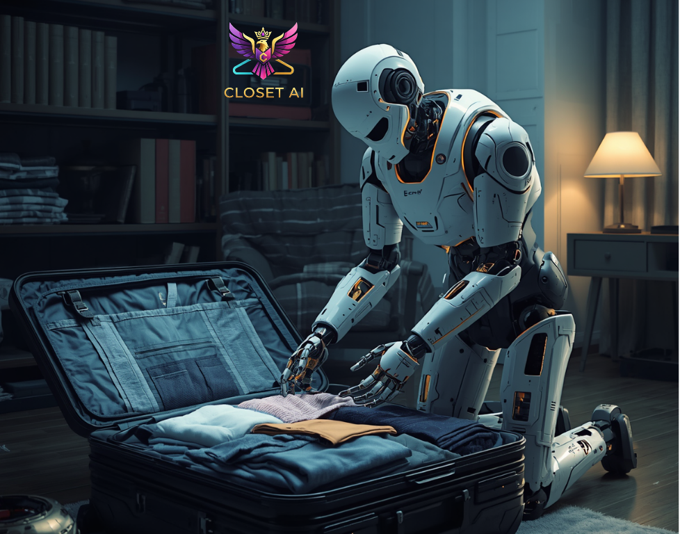 Closet AI Travel Mode - AI robot packing a suitcase with curated outfits for your destination